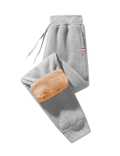 Xnova Jogginghose Herren Baumwolle Sweatpants Trainingshose aus Fleece Freizeithose Lang Fleece Plüsch Gefüttert Jogger mit Reißverschlusstaschen Kordelzug, Hellgrau, L von Xnova