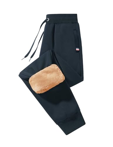 Xnova Jogginghose Herren Baumwolle Sweatpants Trainingshose aus Fleece Freizeithose Lang Fleece Plüsch Gefüttert Jogger mit Reißverschlusstaschen Kordelzug, Marineblau, M von Xnova