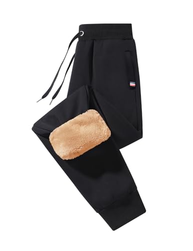 Xnova Jogginghose Herren Baumwolle Sweatpants Trainingshose aus Fleece Freizeithose Lang Fleece Plüsch Gefüttert Jogger mit Reißverschlusstaschen Kordelzug, Schwarz, XL von Xnova