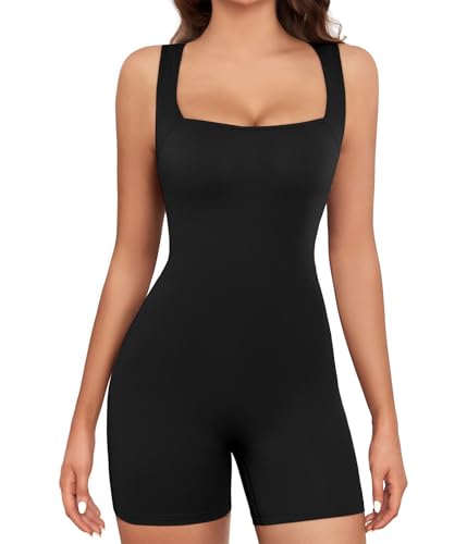 Xnova Jumpsuit Damen Ärmellose Stretch, Kurz Romper Eng Quadratischer Ausschnitt Bodycon, Yoga Workout Bodysuit Shorts (Schwarz, L) von Xnova