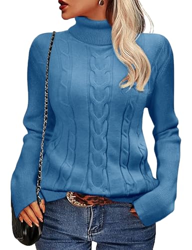 Xnova Pullover Damen Gerippter Rollkragenpullover Langarm, Lässige Jumper Turtleneck Strickpullover Elegante, Stretch Warmer Rippstrick Tunika Oberteile Side Slit Sweater Tops Winter (Blau, S) von Xnova