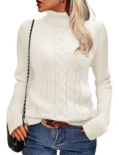 Xnova Pullover Damen Gerippter Rollkragenpullover Langarm, Lässige Jumper Turtleneck Strickpullover Elegante, Stretch Warmer Rippstrick Tunika Oberteile Side Slit Sweater Tops Winter (Weiß, M) von Xnova