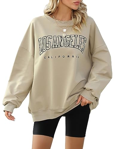 Xnova Pullover Damen Oversized Sweatshirt Damen Casual Los Angeles Rundhalsausschnitt Langarm Oberteile Top Ohne Kapuze Hip Hop, Aprikose, L von Xnova