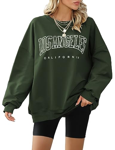 Xnova Pullover Damen Oversized Sweatshirt Damen Casual Los Angeles Rundhalsausschnitt Langarm Oberteile Top Ohne Kapuze Hip Hop, Armeegrün, M von Xnova