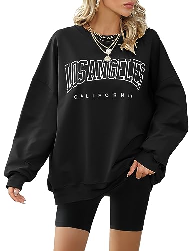 Xnova Pullover Damen Oversized Sweatshirt Damen Casual Los Angeles Rundhalsausschnitt Langarm Oberteile Top Ohne Kapuze Hip Hop, Schwarz, M von Xnova