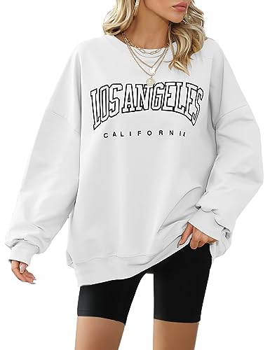 Xnova Pullover Damen Oversized Sweatshirt Damen Casual Los Angeles Rundhalsausschnitt Langarm Oberteile Top Ohne Kapuze Hip Hop Weiß,S von Xnova