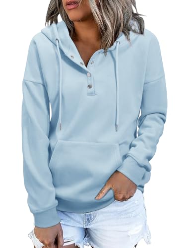 Xnova Pullover Hoodie Damen Knopfleiste Langarm Winter Herbst, Basic Kapuzenpullover Sweatshirt Fleece-Futter Warm Modische, Freizeit Sport Oberteil mit Kapuze Pulli Streetwear (Blau, L) von Xnova