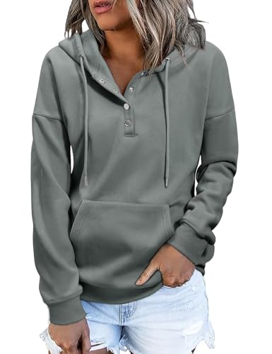 Xnova Pullover Hoodie Damen Knopfleiste Langarm Winter Herbst, Basic Kapuzenpullover Sweatshirt Fleece-Futter Warm Modische, Freizeit Sport Oberteil mit Kapuze Pulli Streetwear (Grau, XXL) von Xnova