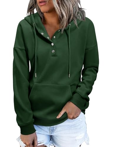 Xnova Pullover Hoodie Damen Knopfleiste Langarm Winter Herbst, Basic Kapuzenpullover Sweatshirt Fleece-Futter Warm Modische, Freizeit Sport Oberteil mit Kapuze Pulli Streetwear (Grün, XL) von Xnova