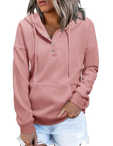 Xnova Pullover Hoodie Damen Knopfleiste Langarm Winter Herbst, Basic Kapuzenpullover Sweatshirt Fleece-Futter Warm Modische, Freizeit Sport Oberteil mit Kapuze Pulli Streetwear (Rosa, S) von Xnova
