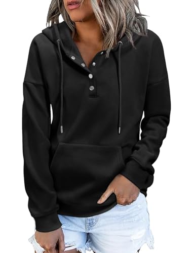 Xnova Pullover Hoodie Damen Knopfleiste Langarm Winter Herbst, Basic Kapuzenpullover Sweatshirt Fleece-Futter Warm Modische, Freizeit Sport Oberteil mit Kapuze Pulli Streetwear (Schwarz, XXL) von Xnova