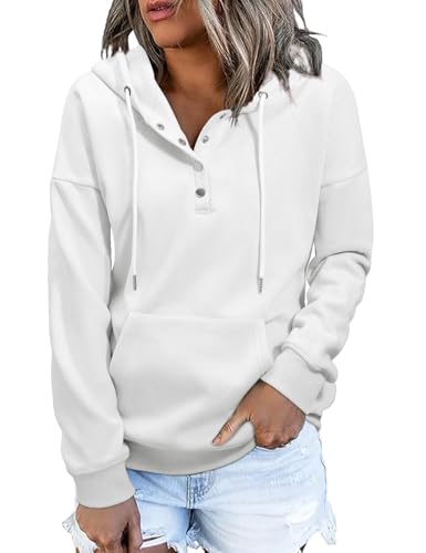 Xnova Pullover Hoodie Damen Knopfleiste Langarm Winter Herbst, Basic Kapuzenpullover Sweatshirt Fleece-Futter Warm Modische, Freizeit Sport Oberteil mit Kapuze Pulli Streetwear (Weiß, M) von Xnova