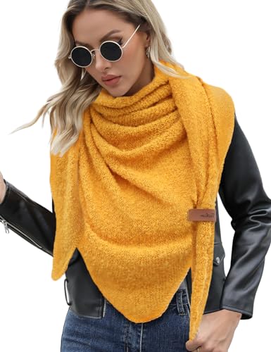 Xnova Schal Damen Winter Dreieck Strickschal Wärmende, Weich Dreiecksschal mit Lederschlaufe, Flauschig Gestrickt Umschlagtuch Halstuch Poncho Halstüche Geschenk für Frauen (Gelb) von Xnova