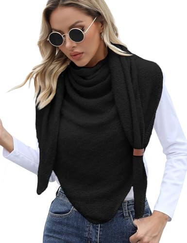Xnova Schal Damen Winter Dreieck Strickschal Wärmende, Weich Dreiecksschal mit Lederschlaufe, Flauschig Gestrickt Umschlagtuch Halstuch Poncho Halstüche Geschenk für Frauen (Schwarz) von Xnova