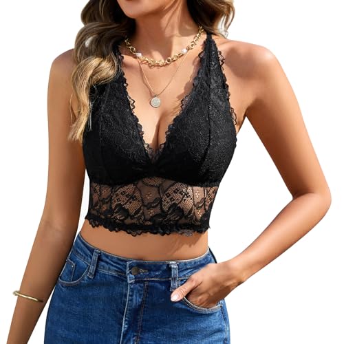 Xnova Tank Top Damen Sommer Sexy V Ausschnitt Spaghettiträger Crop Tops mit Spitze Bustier Oberteil Camisole Trägershirt Spitzentop Ärmellose Bluse, Schwarz, M Xnova Tank Top Damen Sommer Sexy V Ausschnitt Spaghettiträger Crop Tops mit Spitze Bustier Oberteil Camisole Trägershirt Spitzentop Ärmellose Bluse, Schwarz, M von Xnova