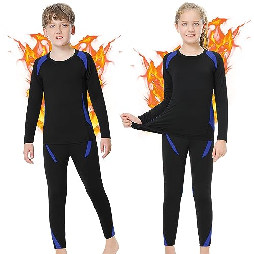 Xnova Thermounterwäsche Set Kinder mit Fleecepullover e Thermohose, Funktionsunterwäsche Extra Warm Skiunterwäsche Thermo Unterwäsche für Jungen Mädchen (Schwarz-Blau, M) von Xnova