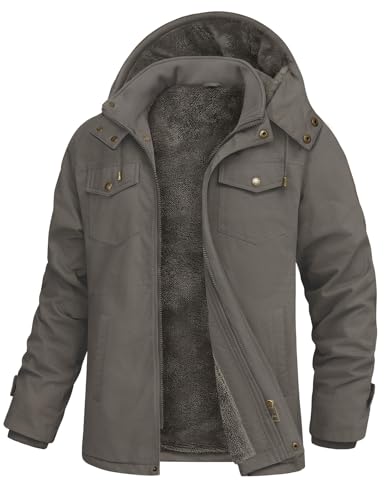 Xnova Winterjacke Herren Parka Warme Gefüttert Fleecejacke Winterparka Baumwolle Outdoor Winddicht Arbeitsjacke Übergangsjacke mit Abnehmbarer Kapuze Militär Jacke mit Reißverschluss, Dunkelgrau, M von Xnova