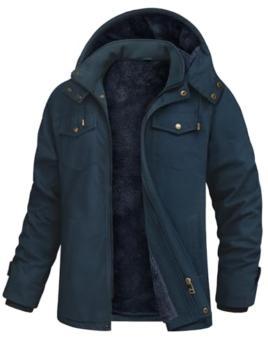 Xnova Winterjacke Herren Parka Warme Gefüttert Fleecejacke Winterparka Baumwolle Outdoor Winddicht Arbeitsjacke Übergangsjacke mit Abnehmbarer Kapuze Militär Jacke mit Reißverschluss, Marineblau, XXL von Xnova