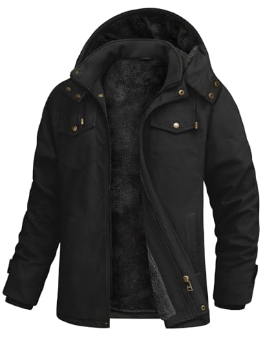 Xnova Winterjacke Herren Parka Warme Gefüttert Fleecejacke Winterparka Baumwolle Outdoor Winddicht Arbeitsjacke Übergangsjacke mit Abnehmbarer Kapuze Militär Jacke mit Reißverschluss, Schwarz, XL von Xnova