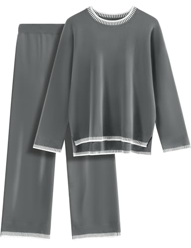 Xnova Zweiteiler Damen Langarm Lounge Sets Hausanzug mit Gerippt Strickpullover Hose Lange, Schlafanzug Freizeit Outfit Elastische Sportanzug Weites Bein Hosen Pullover Oberteil (Grau, L) von Xnova