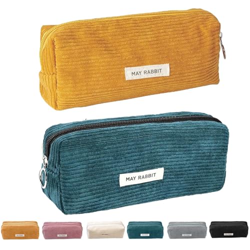 XoeLLe 2 Stück Federmäppchen, Cord-Stoff Pencil Case, Mäppchen mit Praktischem Reißverschluss, Tragbares Federmappe, Federtasche Ansprechend Aufzubewahren Schreibutensilien (Grün+Gelb) von XoeLLe