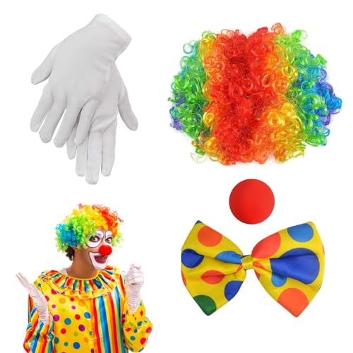 XoeLLe 4 Stück Kostümzubehör Clown, Regenbogen Perücke Clown, Clown Kostüm Accessoire, Lockenperücke Clown Clownsnase Rot Bunte Fliege und Handschuhe Karneval Kostüme für Kinder Damen Herren von XoeLLe