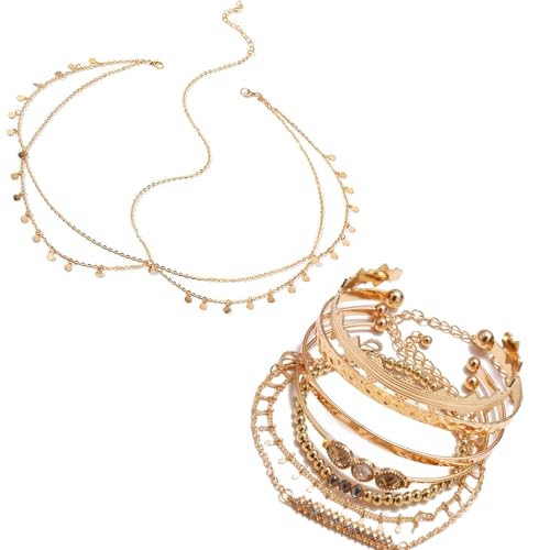 XoeLLe 8 Stück Wahrsagerin Accessoires, Wahrsagerin Kopfschmuck + 7 Stück Armbänder gold Armketten, Wahrsagerin Kostüm, Damen Faschingskostüm Accessoires für Fasching Karneval Mottoparty Cosplay von XoeLLe