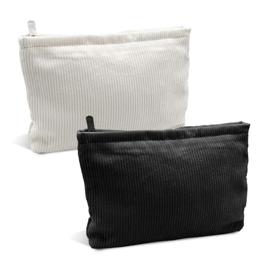 XoeLLe Kosmetiktasche Klein 2 Stück Kleine Kosmetiktasche für Frauen Kordsamt-Kosmetiktasche Kleine Make up Tasche Kulturtasche mit Reißverschluss Travel Cosmetic Organizer (Schwarz+Weiß) von XoeLLe