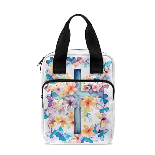 Tragetasche Bibeltasche Bibelhülle Tragetasche Büchertasche Kirchentasche Bibelschutz mit Griff für Männer Frauen Kinder, Bunte Schmetterling Blumen Kruzifix, Einheitsgröße von Xoenoiee