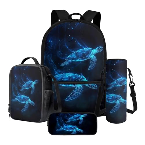 Xoeniee Schulrucksack-Set für Kinder, 43,2 cm, große Büchertasche mit isolierter Lunchbox, Federmäppchen, Wasserflaschenhalter, 4-teilig, Blaue Schildkröte, Einheitsgröße, Schulranzen-Set von Xoenoiee