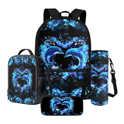 Xoeniee Schulrucksack-Set für Kinder, 43,2 cm, große Büchertasche mit isolierter Lunchbox, Federmäppchen, Wasserflaschenhalter, 4-teilig, Meeresdelfin-Blumen, Einheitsgröße, Schulranzen-Set von Xoenoiee