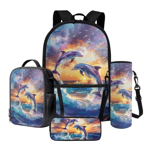 Xoeniee Schulrucksack-Set für Kinder, 43,2 cm, große Büchertasche mit isolierter Lunchbox, Federmäppchen, Wasserflaschenhalter, 4-teilig, Meeresdelfin-Sonnenuntergang, Einheitsgröße, Schulranzen-Set von Xoenoiee