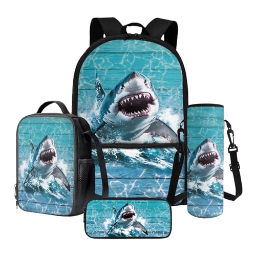 Xoeniee Schulrucksack-Set für Kinder, 43,2 cm, große Büchertasche mit isolierter Lunchbox, Federmäppchen, Wasserflaschenhalter, 4-teilig, Meereshai-Holzmaserung, Einheitsgröße, Schulranzen-Set von Xoenoiee