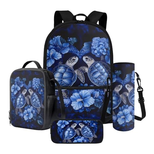 Xoeniee Schulrucksack-Set für Kinder, 43,2 cm, große Büchertasche mit isolierter Lunchbox, Federmäppchen, Wasserflaschenhalter, 4-teilig, Meeresschildkröte, Blumenmuster, Einheitsgröße von Xoenoiee