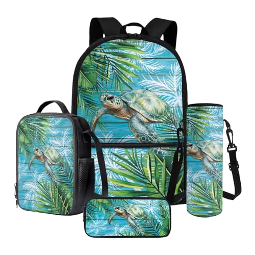 Xoeniee Schulrucksack-Set für Kinder, 43,2 cm, große Büchertasche mit isolierter Lunchbox, Federmäppchen, Wasserflaschenhalter, 4-teilig, Meeresschildkröte, tropisches Blatt, Einheitsgröße von Xoenoiee