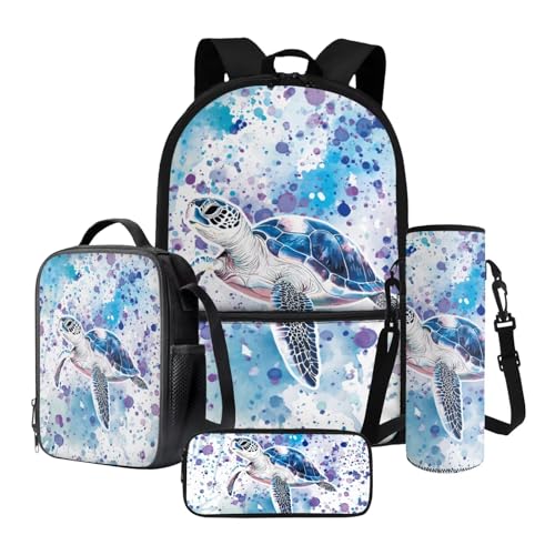 Xoeniee Schulrucksack-Set für Kinder, 43,2 cm, große Büchertasche mit isolierter Lunchbox, Federmäppchen, Wasserflaschenhalter, 4-teilig, schildkröte, Einheitsgröße, Schulranzen-Set von Xoenoiee