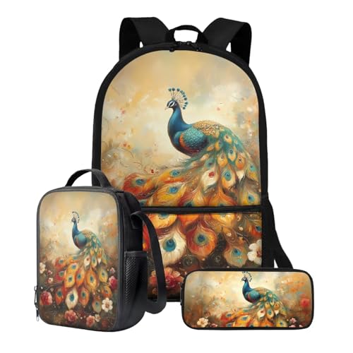 Xoenoiee 3-in-1-Schulrucksack-Set mit 43,2 cm großer Schultasche, Lunchtasche und Federmäppchen für Mädchen, Peacock Floral von Xoenoiee