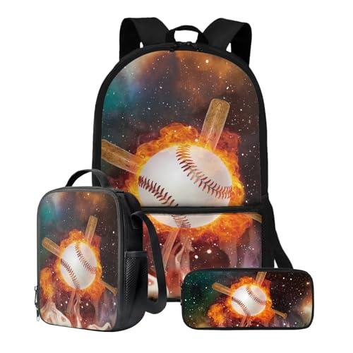 Xoenoiee 3-teiliges Rucksack-Set für Jungen und Mädchen, mit Lunchtasche und Federmäppchen, Schulrucksack-Set, 3-in-1-Set für Teenager, Studenten, Baseball-Feuer-Galaxie-Muster von Xoenoiee