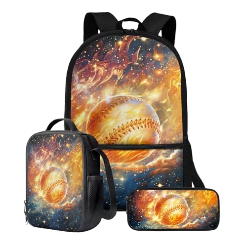 Xoenoiee 3-teiliges Rucksack-Set für Jungen und Mädchen, mit Lunchtasche und Federmäppchen, Schulrucksack-Set, 3-in-1-Set für Teenager, Studenten, Baseball- und Feuergalaxie-Muster von Xoenoiee