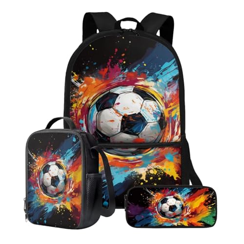 Xoenoiee 3-teiliges Rucksack-Set für Jungen und Mädchen, mit Lunchtasche und Federmäppchen, Schulrucksack-Set, 3-in-1-Set für Teenager, Studenten, Buntes Fußballmuster von Xoenoiee