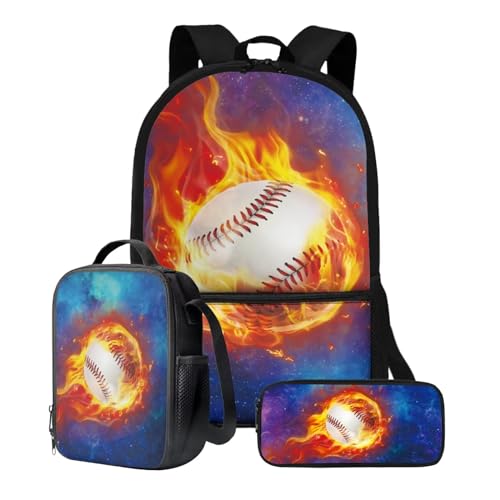 Xoenoiee 3-teiliges Rucksack-Set für Jungen und Mädchen, mit Lunchtasche und Federmäppchen, Schulrucksack-Set, 3-in-1-Set für Teenager, Studenten, Feuer-Baseball-Galaxie-Muster von Xoenoiee