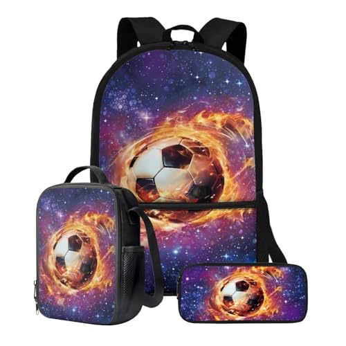 Xoenoiee 3-teiliges Rucksack-Set für Jungen und Mädchen, mit Lunchtasche und Federmäppchen, Schulrucksack-Set, 3-in-1-Set für Teenager, Studenten, Feuer-Fußball-Galaxie-Muster von Xoenoiee