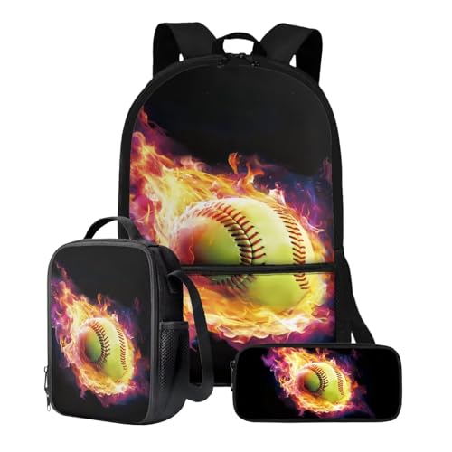 Xoenoiee 3-teiliges Rucksack-Set für Jungen und Mädchen, mit Lunchtasche und Federmäppchen, Schulrucksack-Set, 3-in-1-Set für Teenager, Studenten, Feuer-Softball-Muster von Xoenoiee