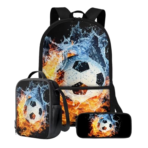 Xoenoiee 3-teiliges Rucksack-Set für Jungen und Mädchen, mit Lunchtasche und Federmäppchen, Schulrucksack-Set, 3-in-1-Set für Teenager, Studenten, Feuerwasserspritzer, Fußballmuster von Xoenoiee