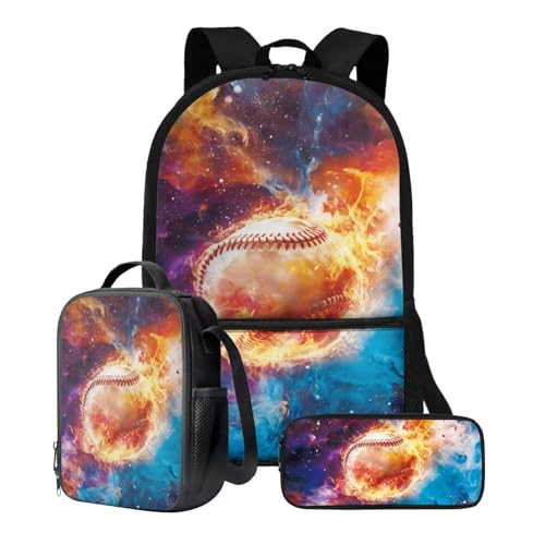 Xoenoiee 3-teiliges Rucksack-Set für Jungen und Mädchen, mit Lunchtasche und Federmäppchen, Schulrucksack-Set, 3-in-1-Set für Teenager, Studenten, Fire Galaxy Baseball-Muster von Xoenoiee