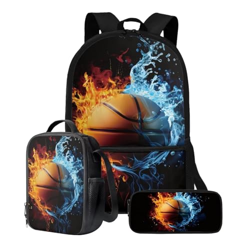 Xoenoiee 3-teiliges Rucksack-Set für Jungen und Mädchen, mit Lunchtasche und Federmäppchen, Schulrucksack-Set, 3-in-1-Set für Teenager, Studenten, Wasser-Feuer-Basketball-Muster von Xoenoiee
