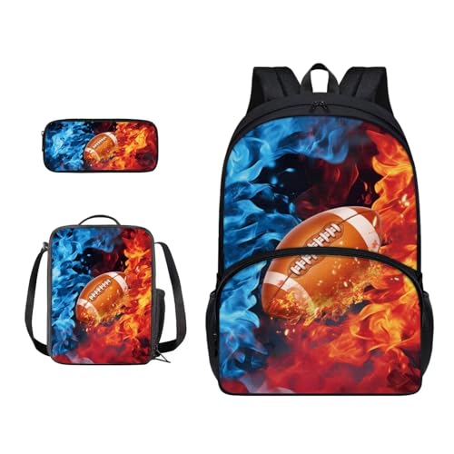 Xoenoiee 3-teiliges Rucksack-Set für Jungen und Mädchen, mit Lunchtasche und Federmäppchen, Schulrucksack-Set für Teenager, Studenten, American Football Fire von Xoenoiee