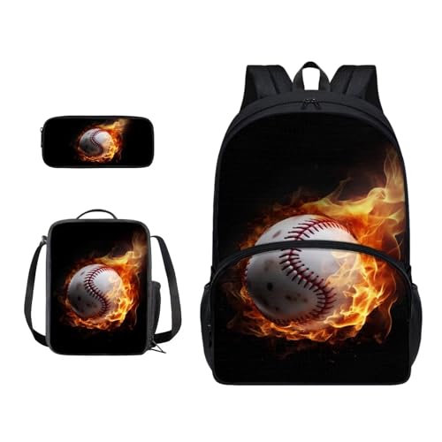 Xoenoiee 3-teiliges Rucksack-Set für Jungen und Mädchen, mit Lunchtasche und Federmäppchen, Schulrucksack-Set für Teenager, Studenten, Baseball-Feuer von Xoenoiee