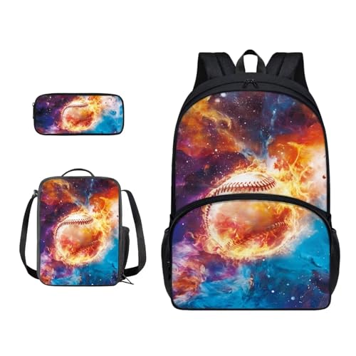 Xoenoiee 3-teiliges Rucksack-Set für Jungen und Mädchen, mit Lunchtasche und Federmäppchen, Schulrucksack-Set für Teenager, Studenten, Baseball mit Fire Galaxy von Xoenoiee