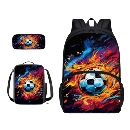 Xoenoiee 3-teiliges Rucksack-Set für Jungen und Mädchen, mit Lunchtasche und Federmäppchen, Schulrucksack-Set für Teenager, Studenten, Bunte Fußballfarben von Xoenoiee